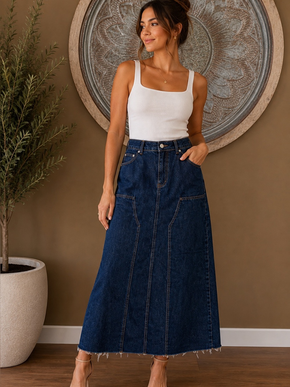 NEW-LOFT Dark Indigo Denim Jean Cargo Maxi Long Flare Skirt NWOT